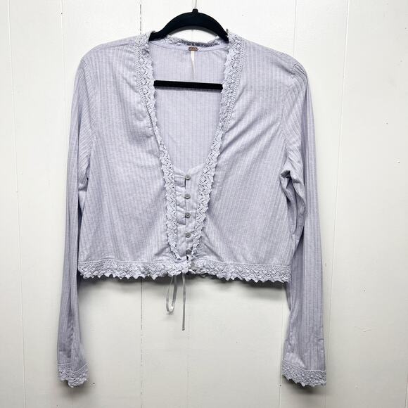 Free People Linen Blend Bohemian Cropped Lavender Women's Boxy Top Size Large - Picture 3 of 13